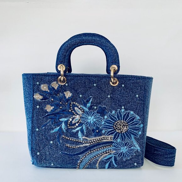 Garell Blue Denim Handbag Hand Embellished with Floral Embroidery & Details - Picture 1 of 5